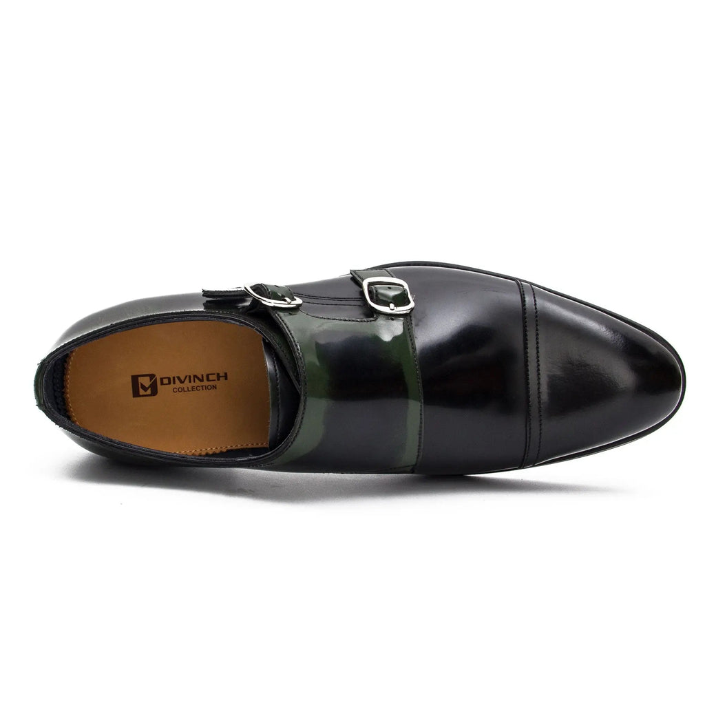 Dark Green Cap-Toe Double Monk Strap Shoes with Glossy Finish