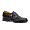 Black Cap-Toe Double Monk Strap Shoes with Fringed Vamp