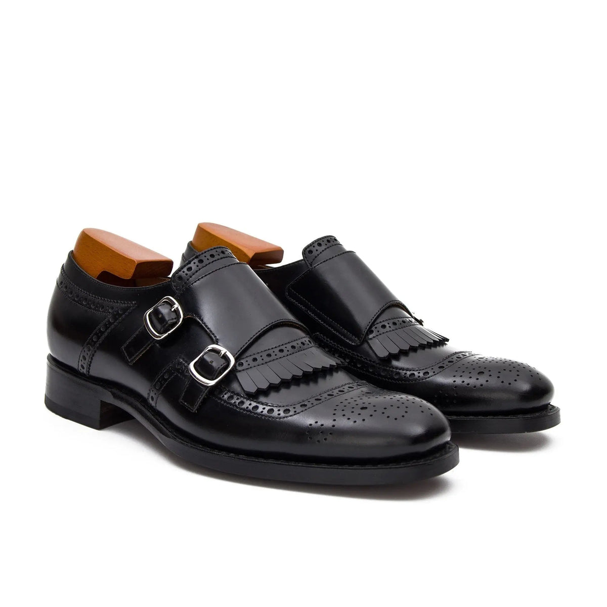 Black Cap-Toe Double Monk Strap Shoes with Fringed Vamp