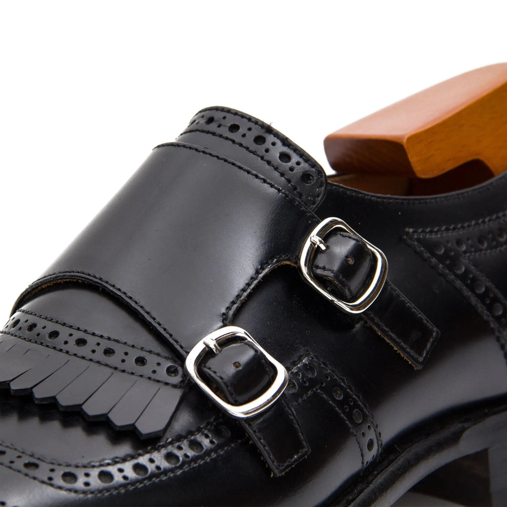 Black Cap-Toe Double Monk Strap Shoes with Fringed Vamp