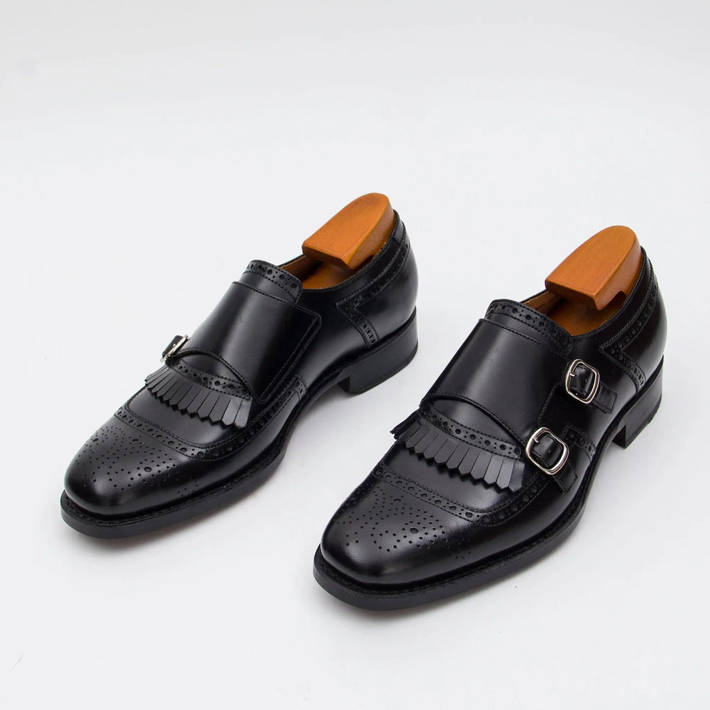 Black Cap-Toe Double Monk Strap Shoes with Fringed Vamp