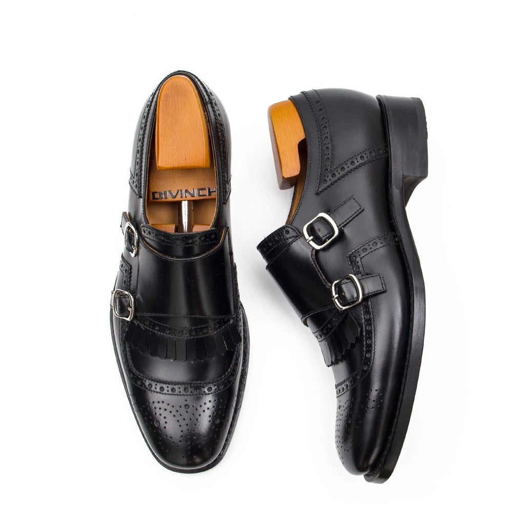 Black Cap-Toe Double Monk Strap Shoes with Fringed Vamp