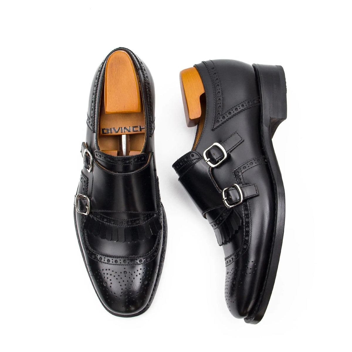Black Cap-Toe Double Monk Strap Shoes with Fringed Vamp