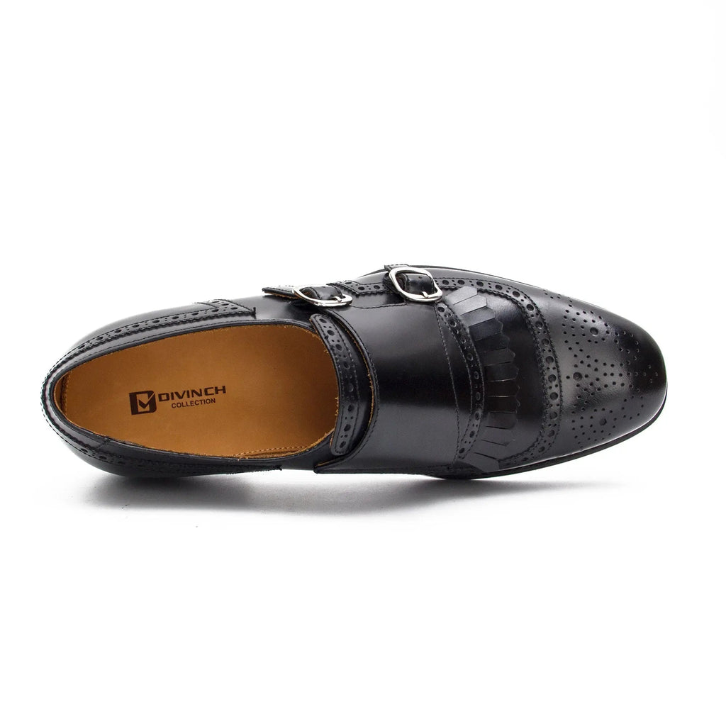 Black Cap-Toe Double Monk Strap Shoes with Fringed Vamp