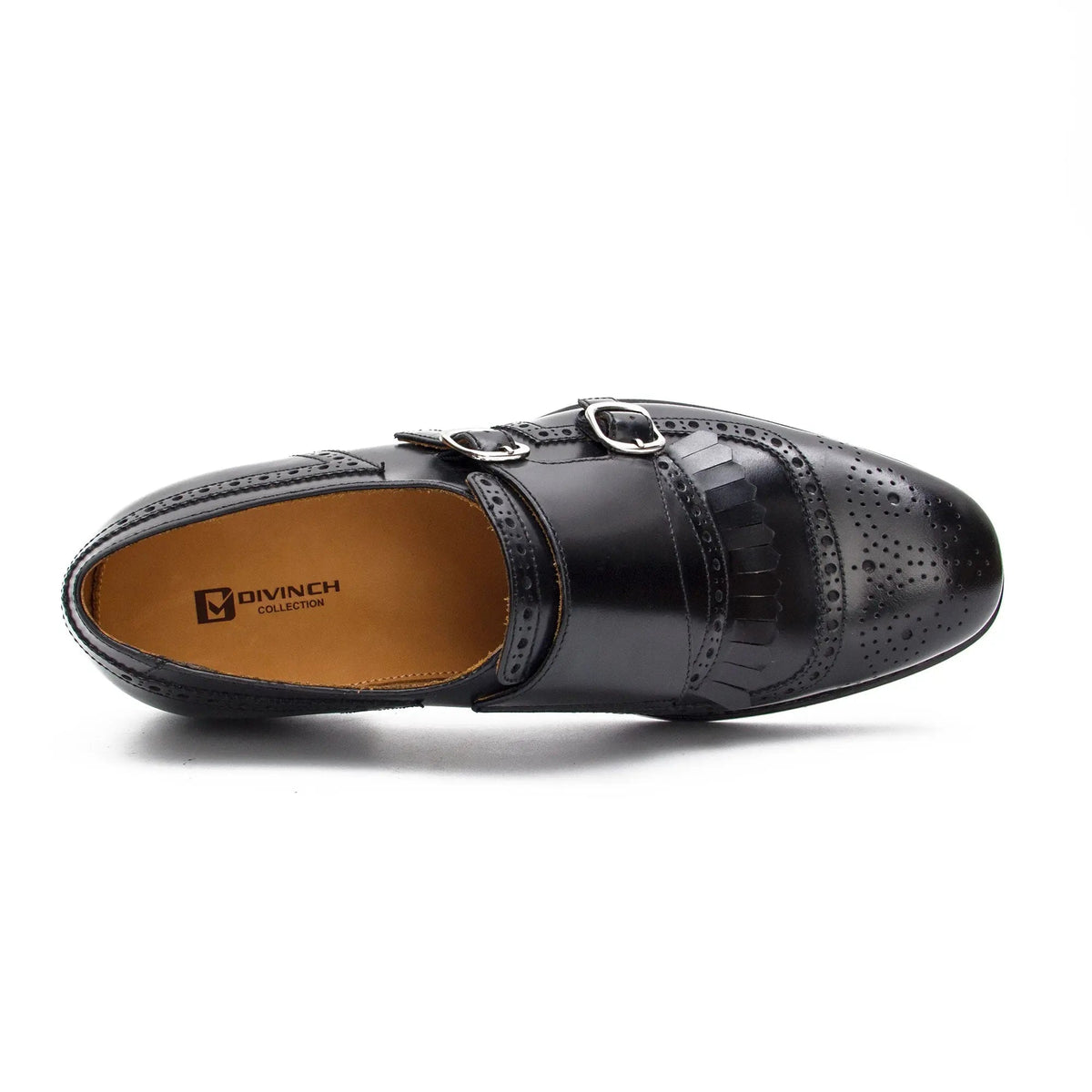 Black Cap-Toe Double Monk Strap Shoes with Fringed Vamp