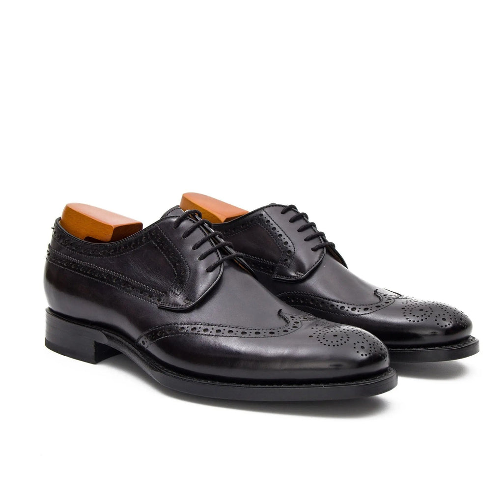 Black Wingtip Derby Shoes with Polished Finish