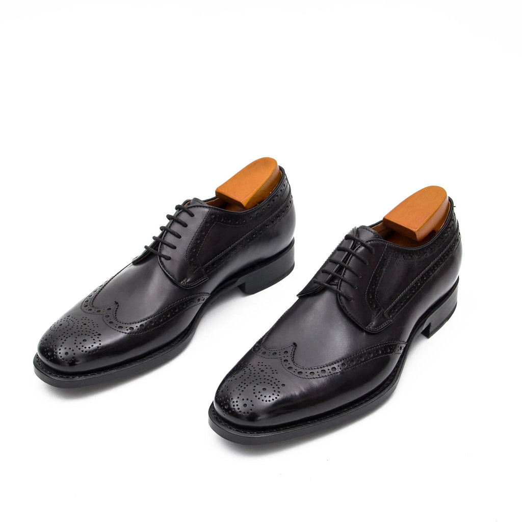 Black Wingtip Derby Shoes with Polished Finish