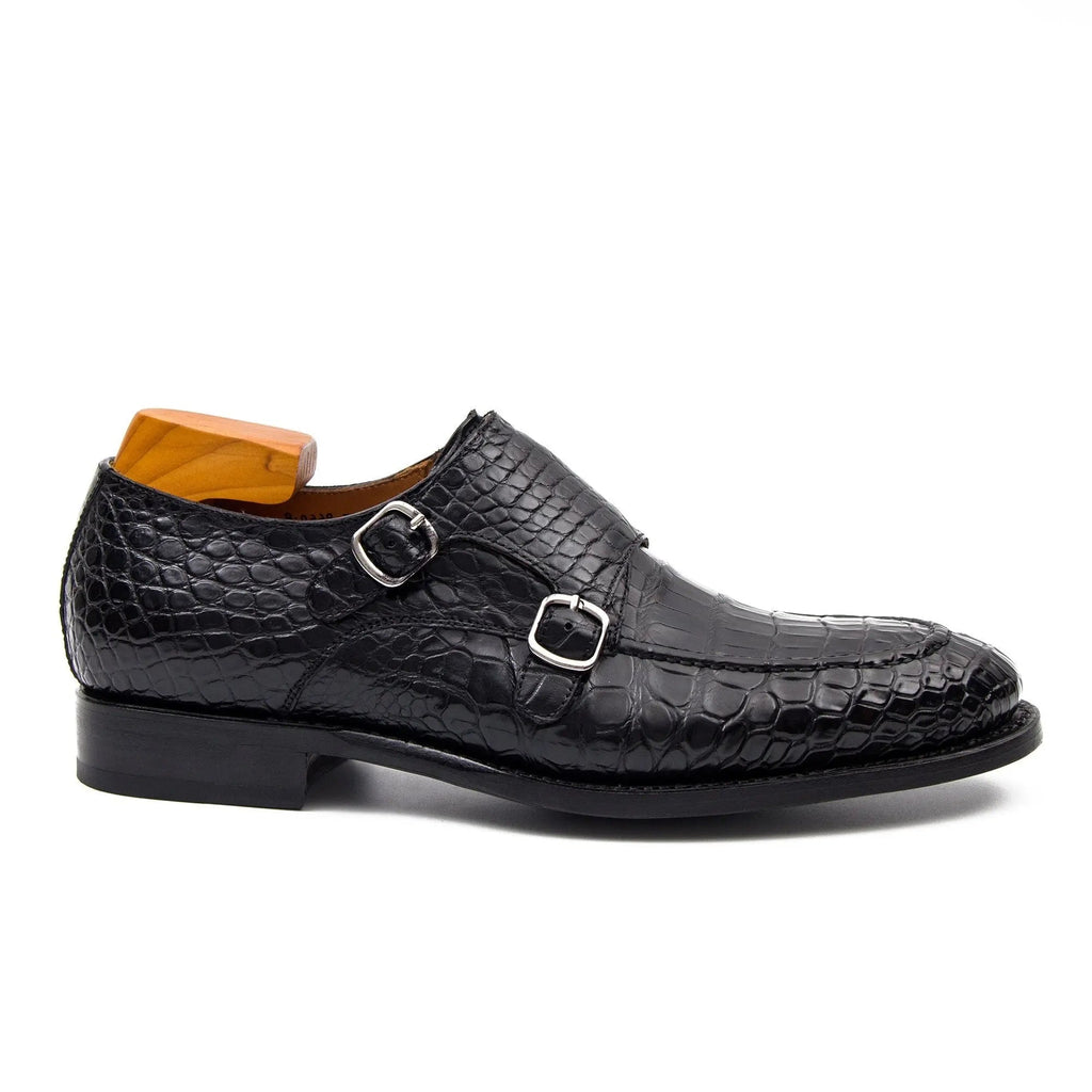 Black Scale-Pattern Double Monk Strap Shoes
