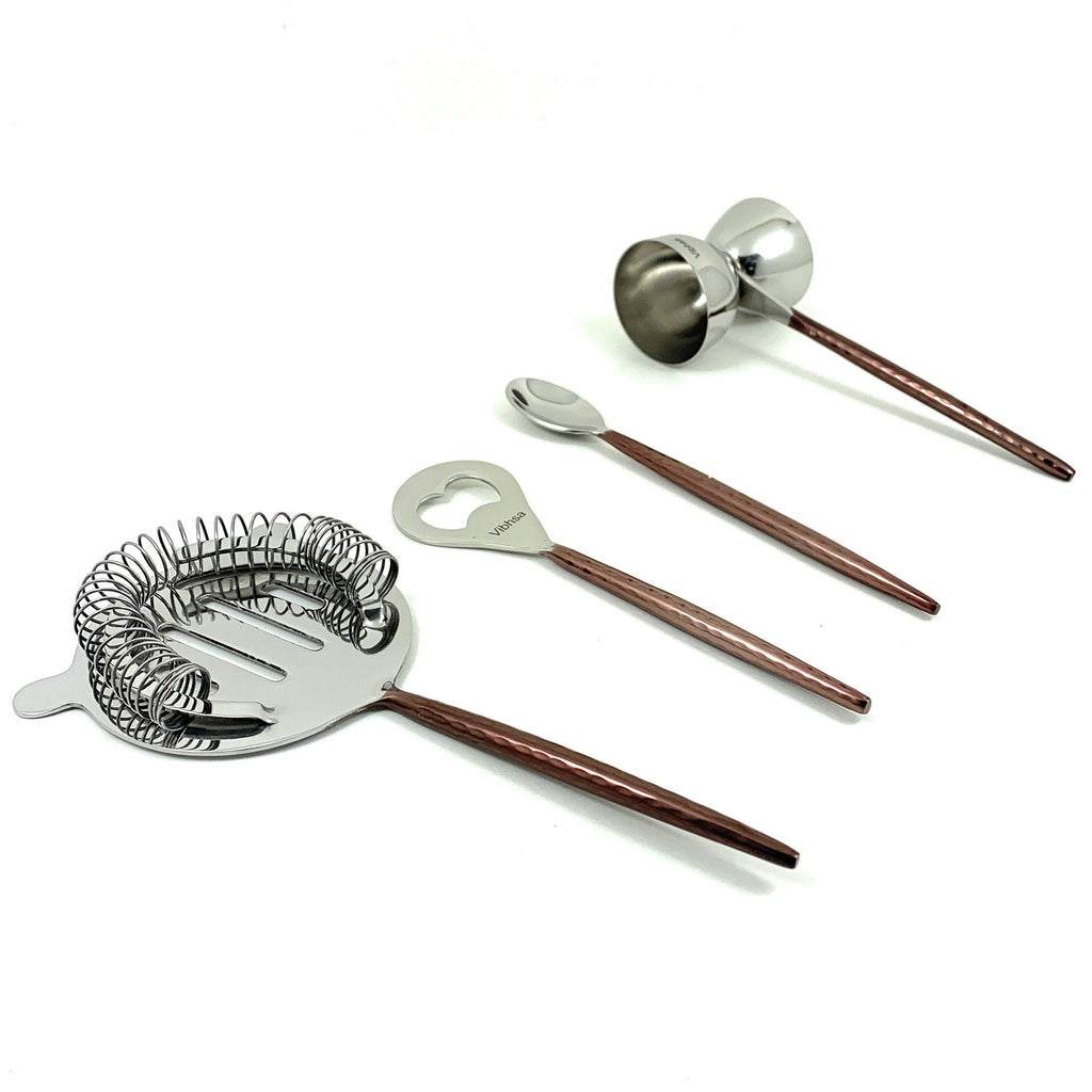 Vibhsa 4-Piece Bar Tools Kit | Copper Hammered PVD Handle, Stainless Steel, Gift Box