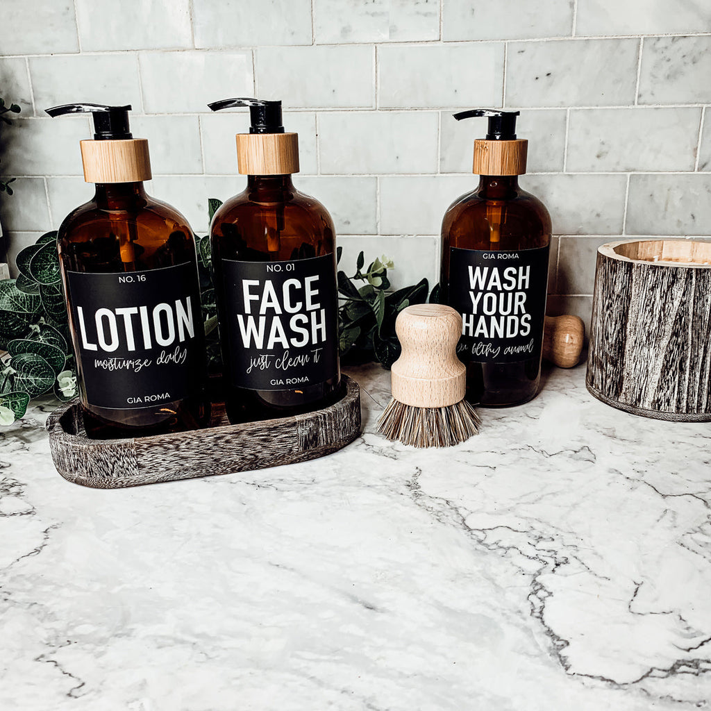 16oz Amber Glass Boston Round Soap Refill Bottle Black Label Set
