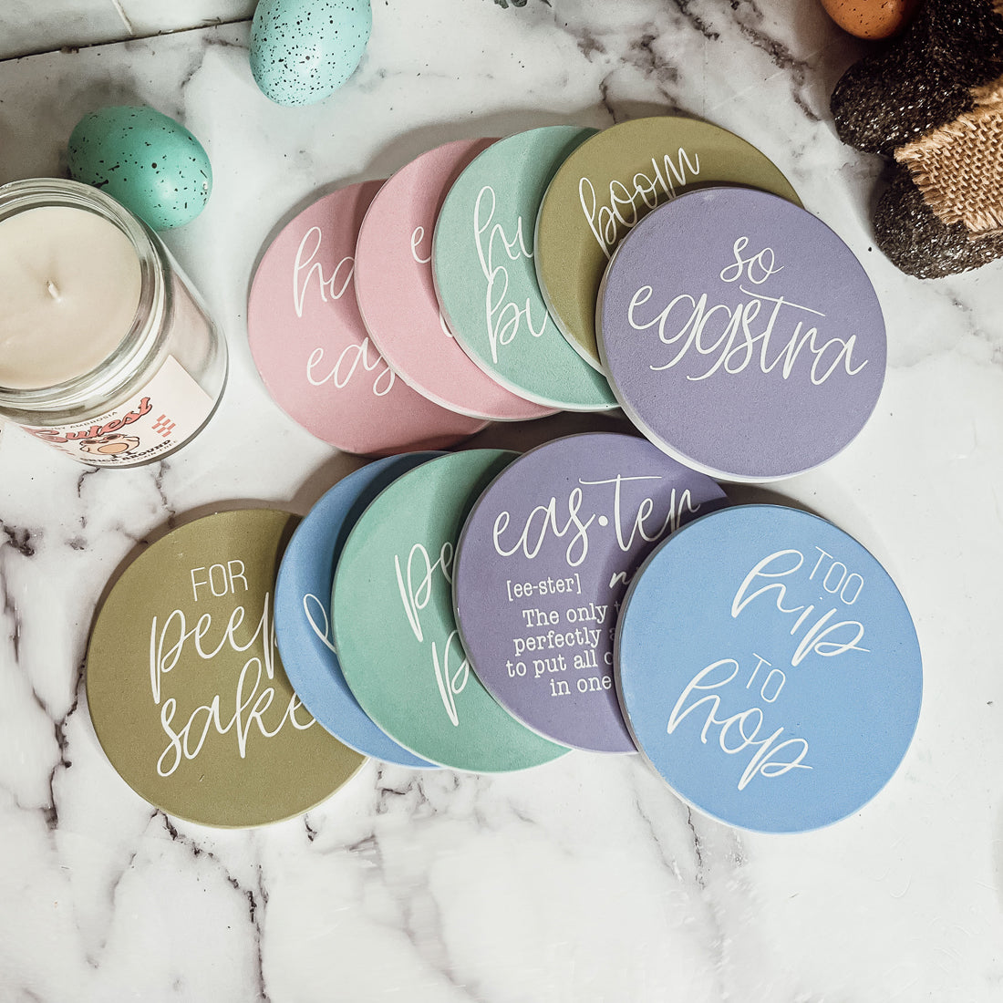 Easter Spring Ceramic Coasters 4in Set Cute Floral Bunny Drink Table Coasters