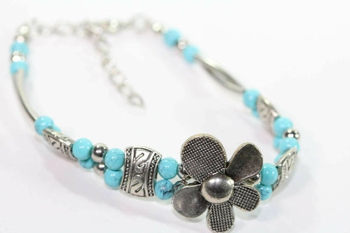 Turquoise Silver Petal Flower Bracelet With Extender