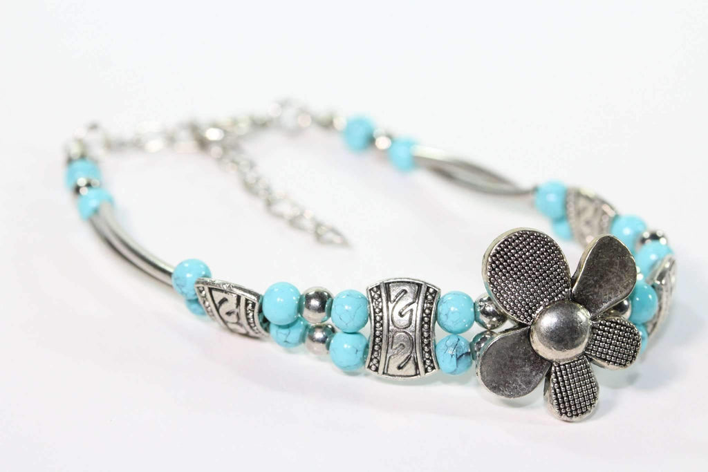 Turquoise Silver Petal Flower Bracelet With Extender