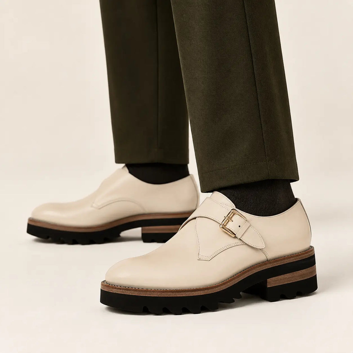 Ivory-White Single Monk Shoes with Gold-Tone Buckle