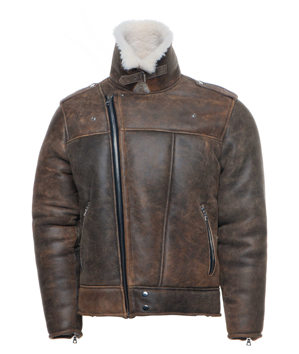 Carters Distressed Biker Bomber Shearling Jacket with Notch Lapels