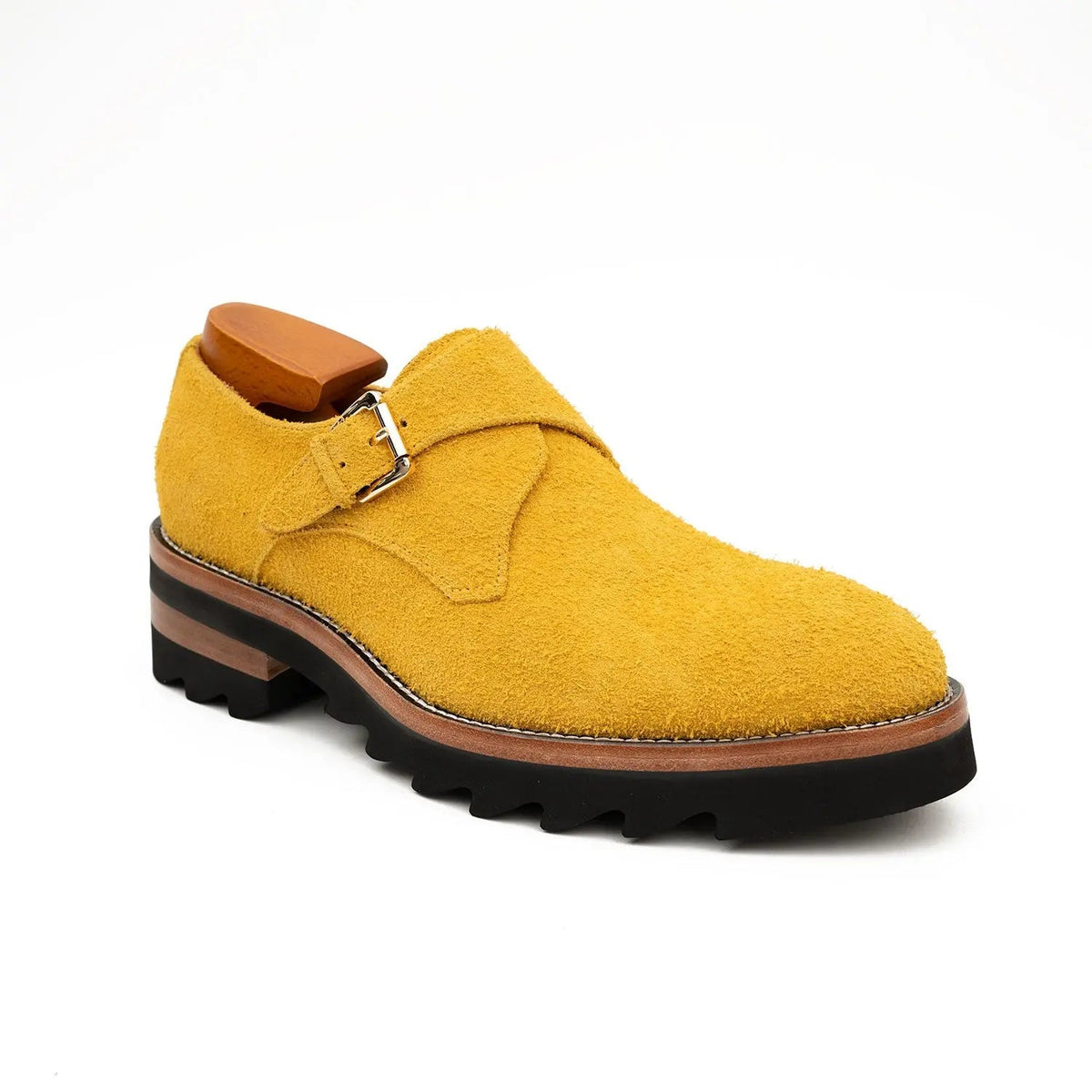 Mustard-Yellow Textured Single Monk Shoes with Ridged Sole