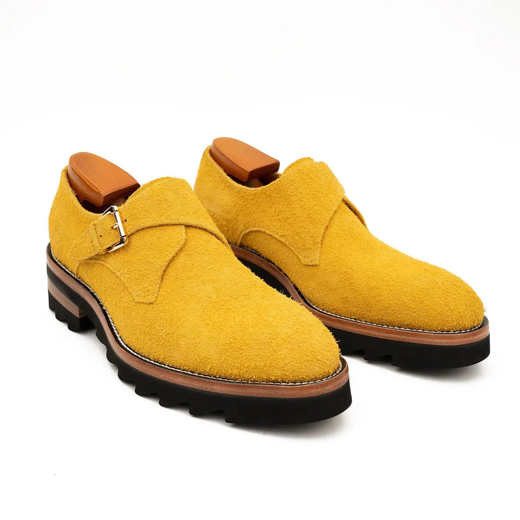 Mustard-Yellow Textured Single Monk Shoes with Ridged Sole