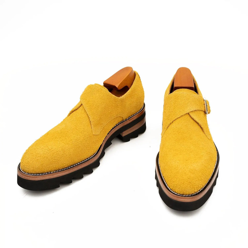 Mustard-Yellow Textured Single Monk Shoes with Ridged Sole