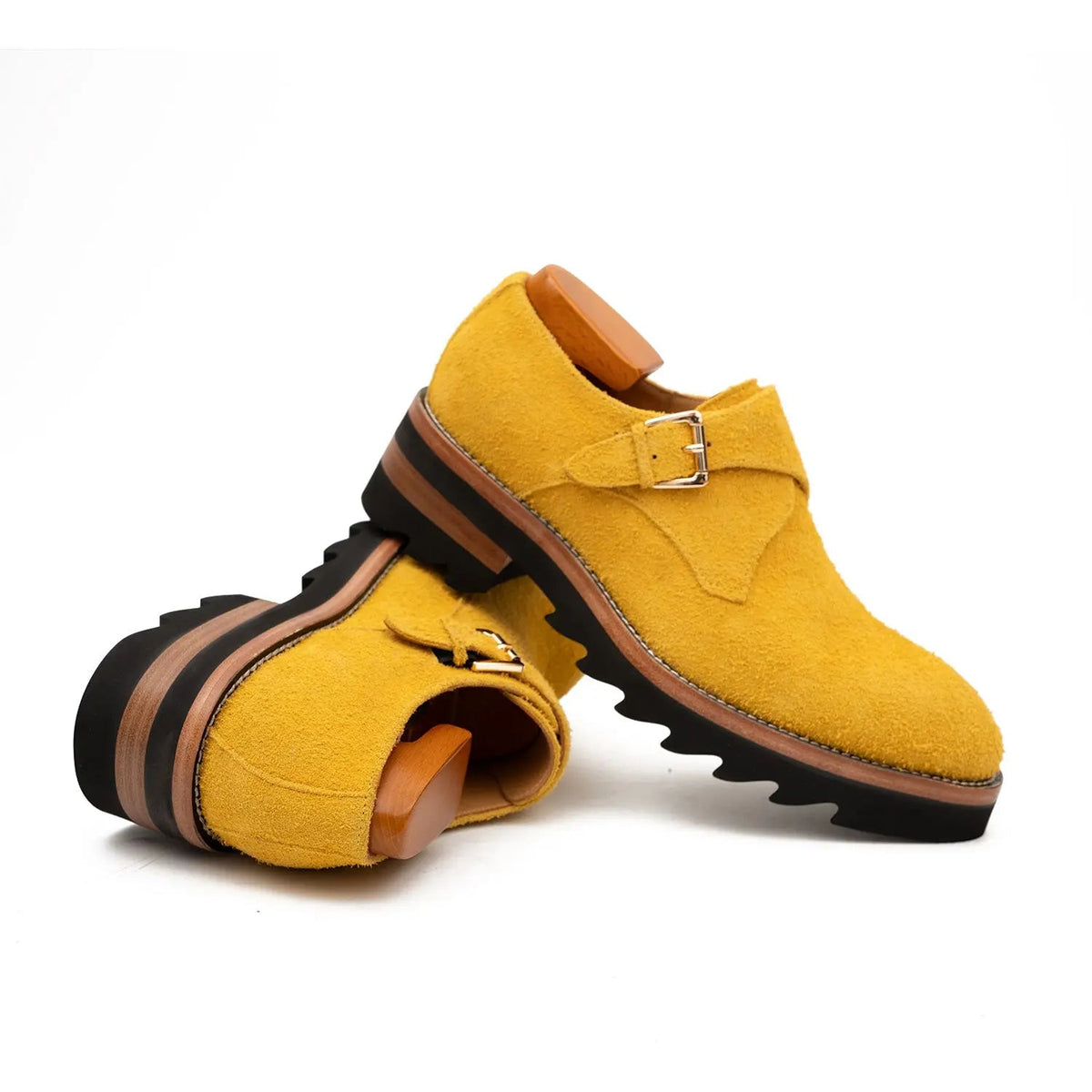 Mustard-Yellow Textured Single Monk Shoes with Ridged Sole