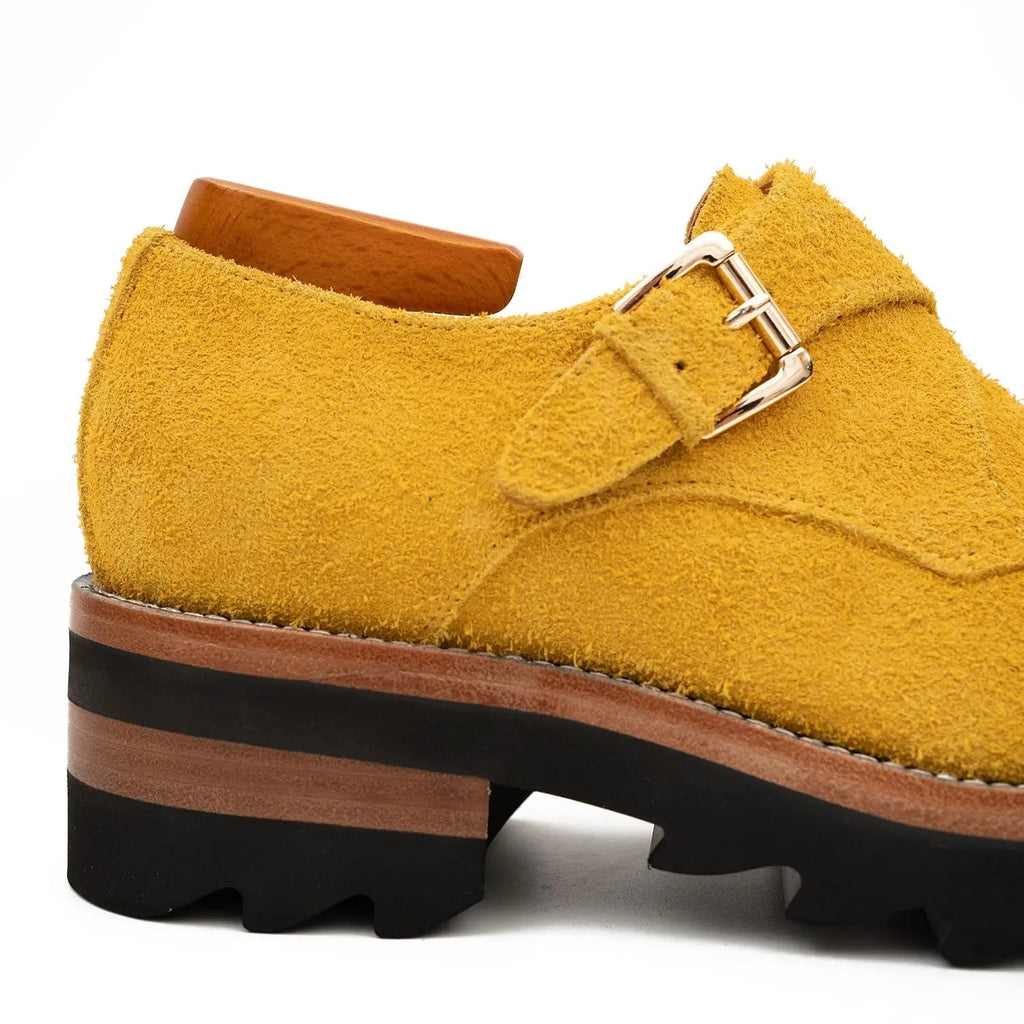 Mustard-Yellow Textured Single Monk Shoes with Ridged Sole