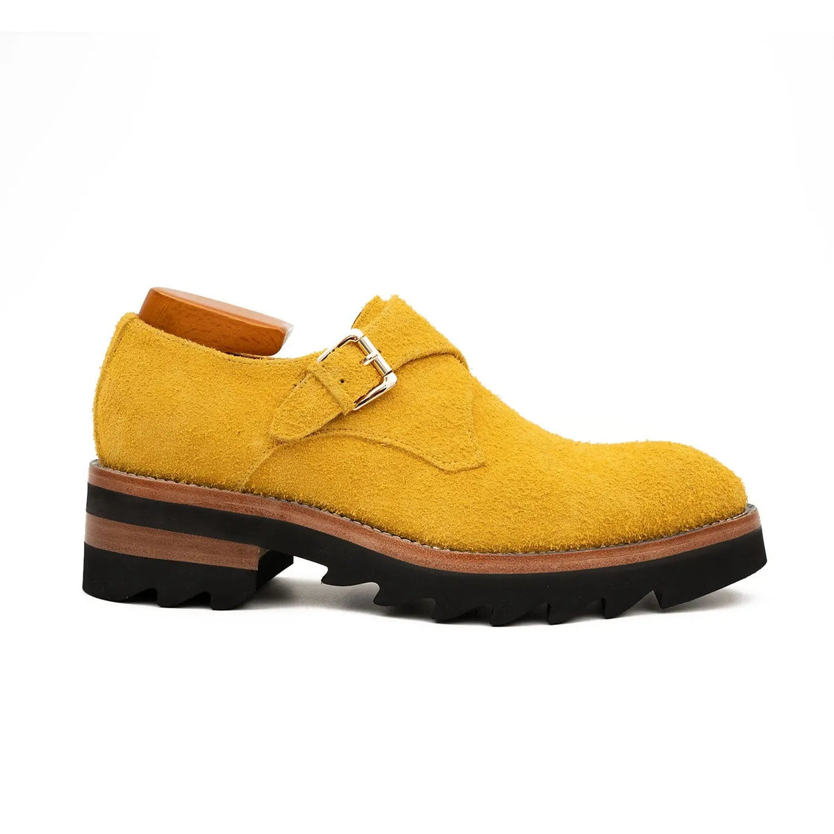 Mustard-Yellow Textured Single Monk Shoes with Ridged Sole