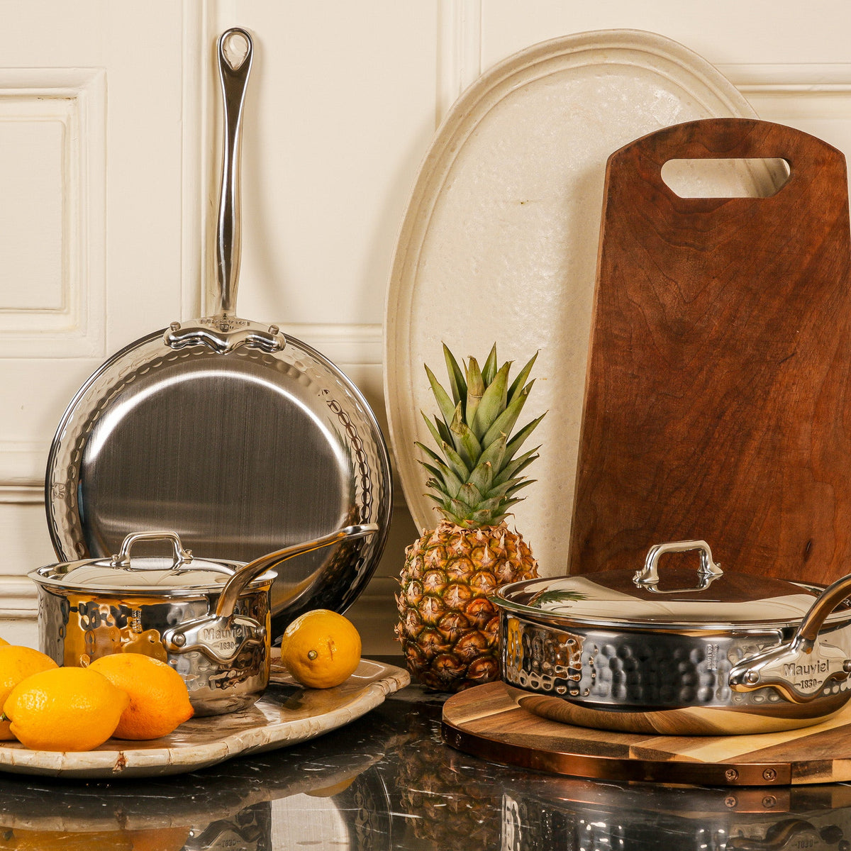 Mauviel 1830 M'ELITE Hammered 5-Ply Stewpan With Curved Lid, Cast Stainless Steel Handles