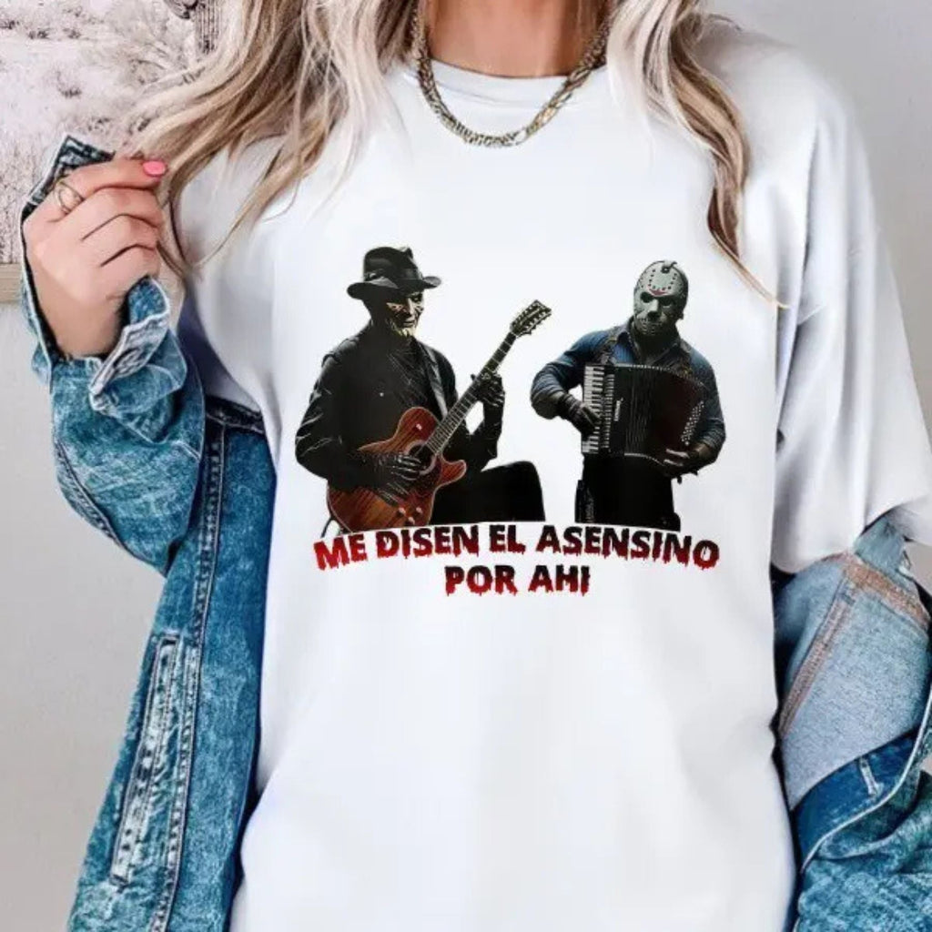 "Me Dicen El Asesino Por Ahí" Jason & Freddy T-Shirt - Unique Horror Movie Villains Tee, Halloween Killer Graphic Shirt
