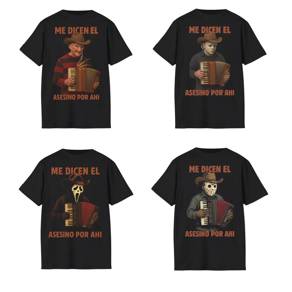 "Me Dicen El Asesino Por Ahi" T-Shirt - Funny Horror Movie Villains Accordion Tee, Jason, Freddy, Ghostface, Michael Myers
