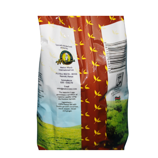 Melvin's Masala Chai 250g side panel with spice blend and Kenyan tea branding