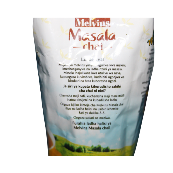 Melvin's Masala Chai 250g resealable bag sealed side view for freshness