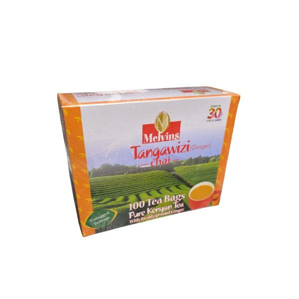 Melvins Tangawizi Ginger Chai 100 tea bags side profile showing orange box with Kenyan tea farm imagery