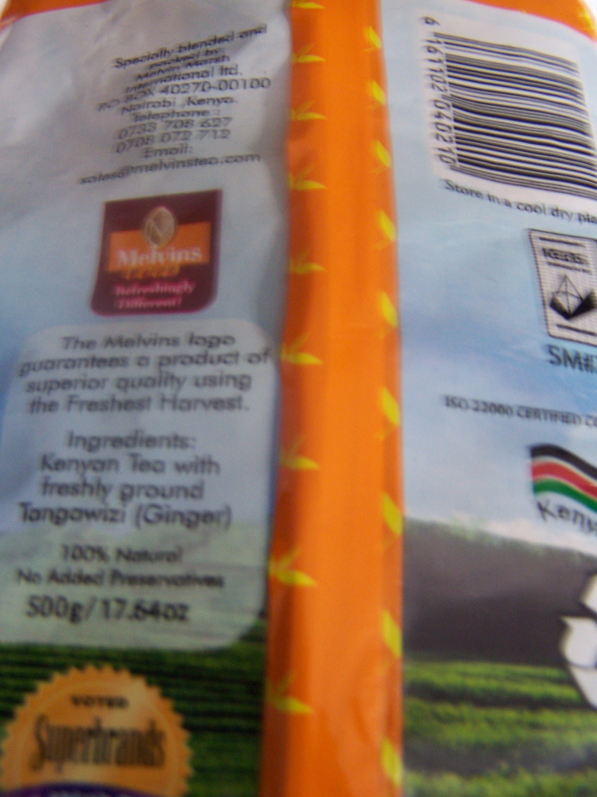 Melvins Tangawizi Chai 500g back label with ginger tea ingredient list