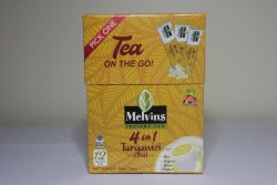 Melvins 4 in 1 Tangawizi Chai 12 sachet box angled front view with instant ginger tea branding and white cup