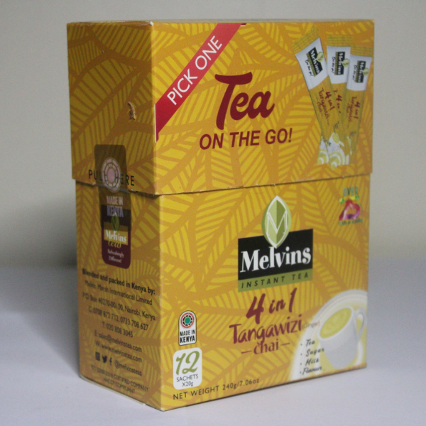 Melvins 4 in 1 Tangawizi Chai box back panel showing ingredients list and hot water preparation instructions