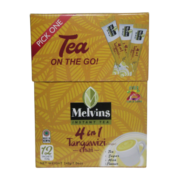 Melvins 4 in 1 Tangawizi Chai instant ginger tea box front 12 sachets tea on the go 240g made in Kenya