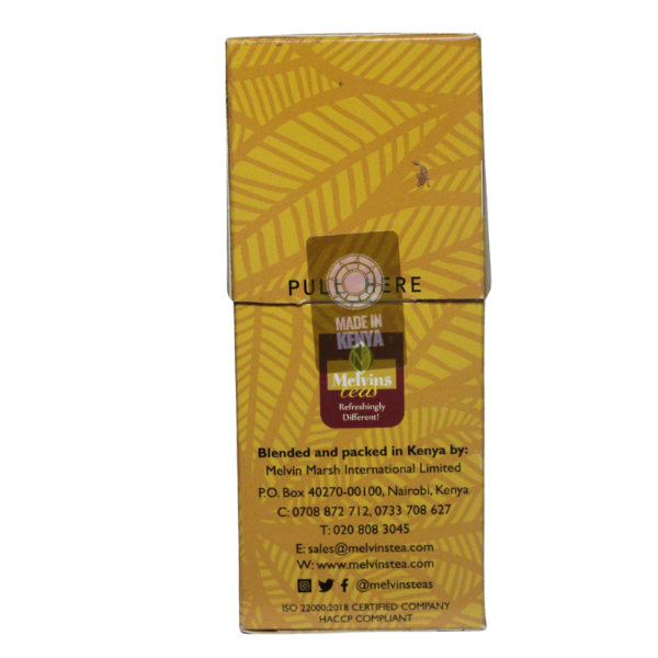 Melvins 4 in 1 Tangawizi Chai box narrow side with Pure and Sure quality certification seal