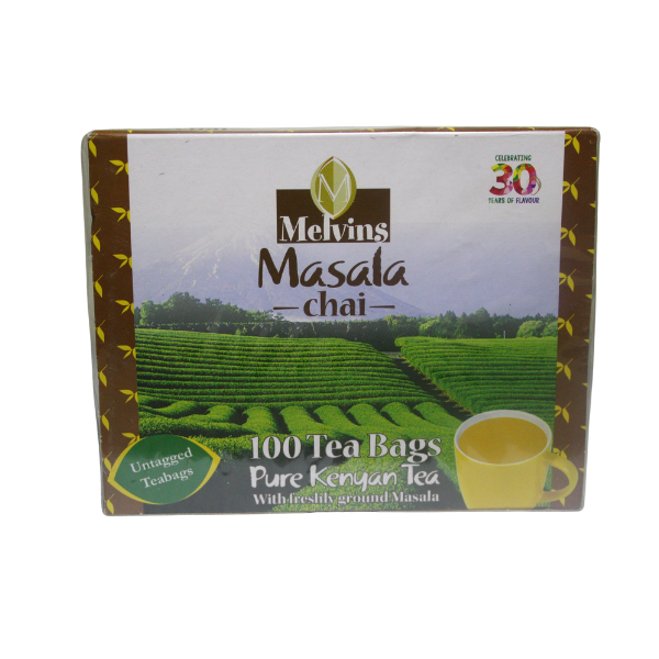 Melvins Masala Chai 100 bags far right angled box view Kenya masala blend