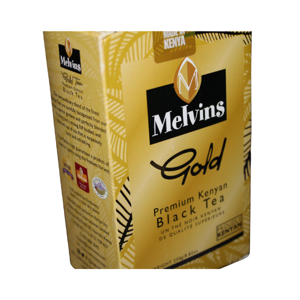 Melvins Gold 500g Kenyan black tea right side of gold box