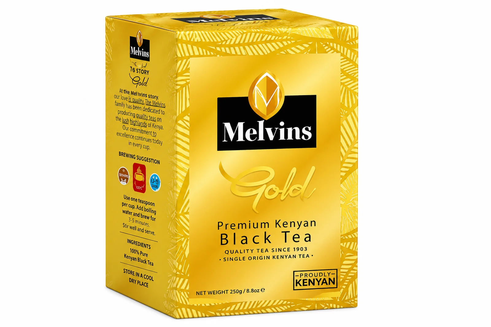 Melvins Gold Premium Kenyan Black Tea 250g box featuring Melvins Gold branding, Premium Kenyan Black Tea, Quality Tea Since 1903, Single Origin Kenyan Tea, Proudly Kenyan badge, 100% Pure Kenyan Black Tea ingredients, brewing suggestion panel, tea quality story, golden patterned packaging and 250g net weight, World Safari Shops