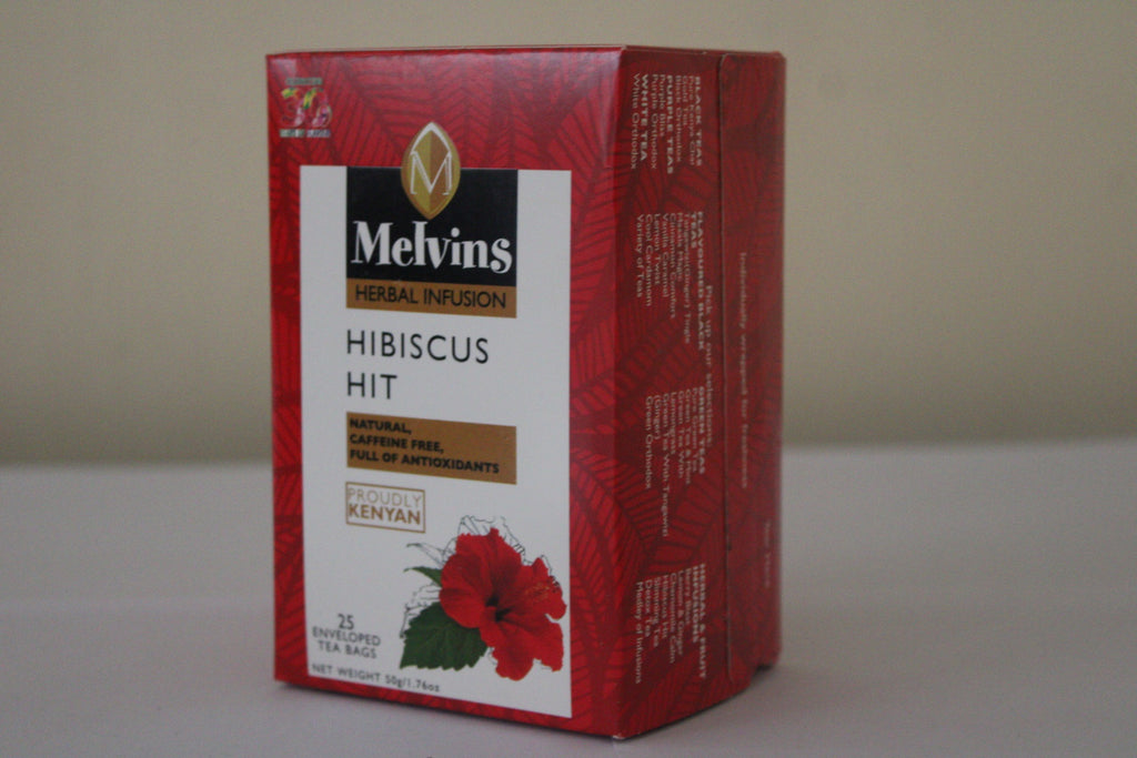 Melvins Hibiscus Hit herbal tea 25 bag box right side panel with brand spine detail
