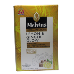 Melvins Lemon Ginger Glow 25 tea bags yellow box angled top front view