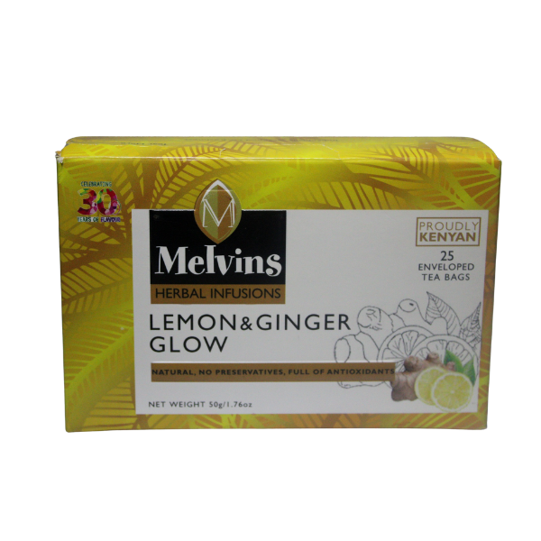 Melvins Lemon Ginger Glow herbal tea Kenya side flat box view