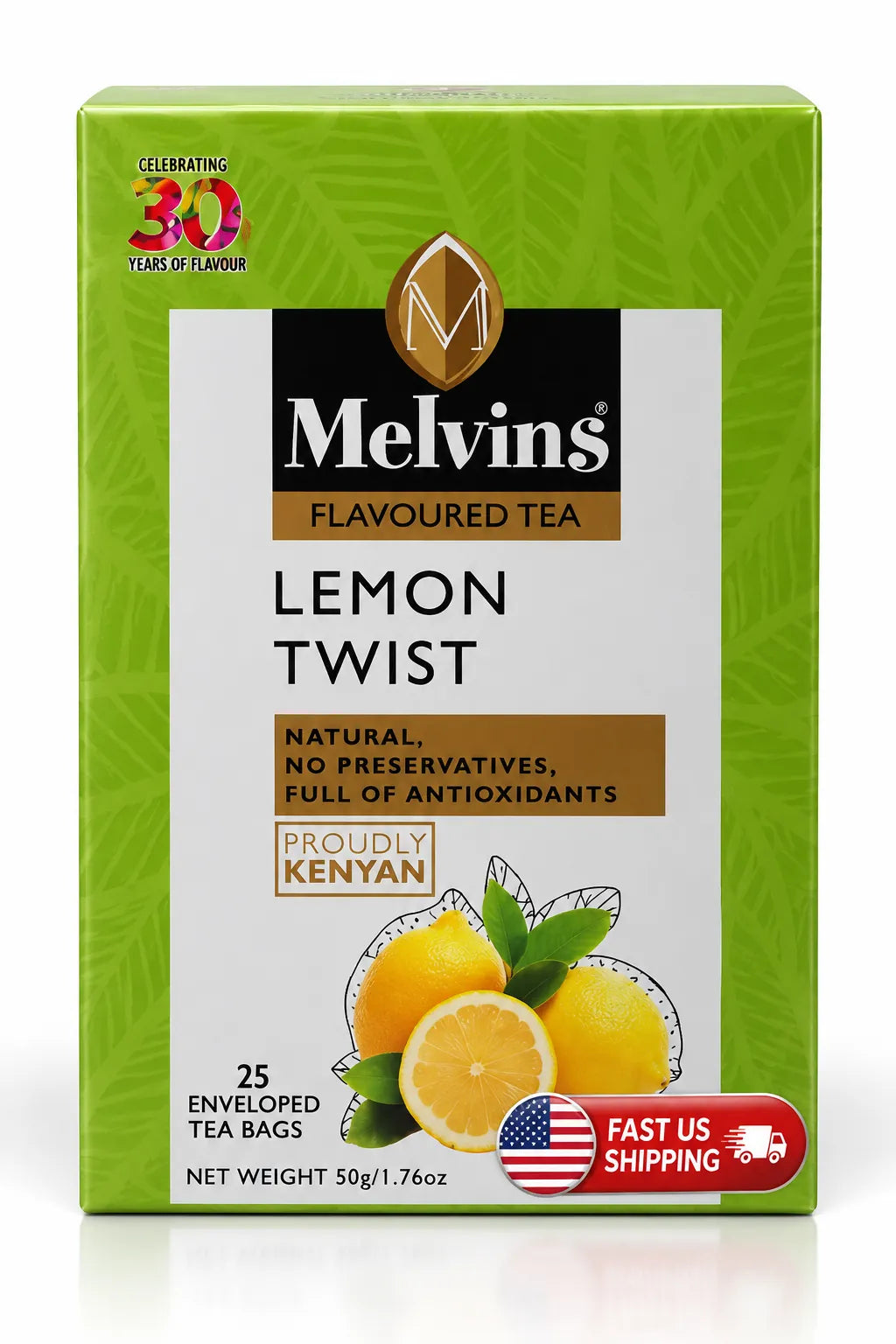 Melvins Lemon Twist Tea Bags with 25 enveloped tea bags, authentic Kenyan flavored black tea with refreshing lemon citrus flavor for US shoppers seeking lemon tea, black tea, Kenyan tea, breakfast tea, refreshing beverages and convenient everyday brewing at home.