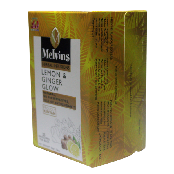 Melvins Lemon and Ginger Glow herbal tea box right angle front Kenya