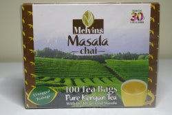 Melvins Masala Chai 100 bags angled front view 30 years of Kenyan tea farm