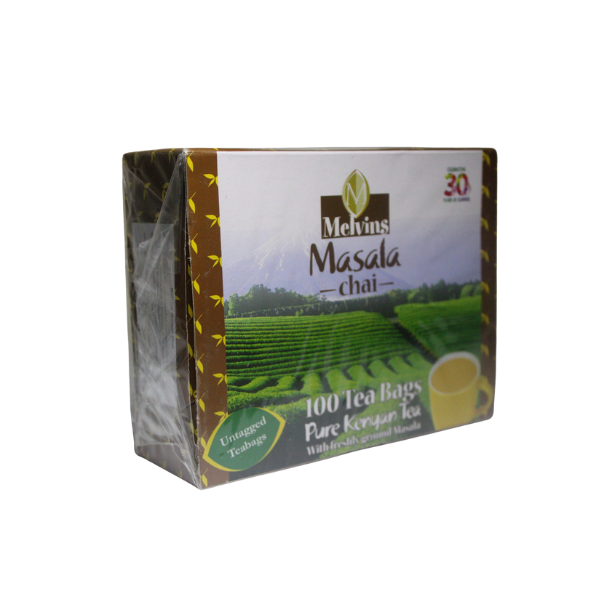 Melvins Masala Chai 100 untagged tea bags right front angle Pure Kenyan Tea