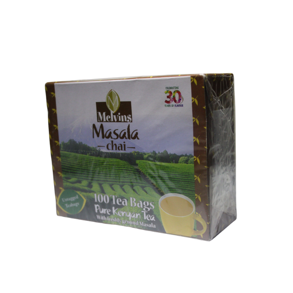 Melvins Masala Chai Kenya 100 tea bags side angle box view with green tea farm