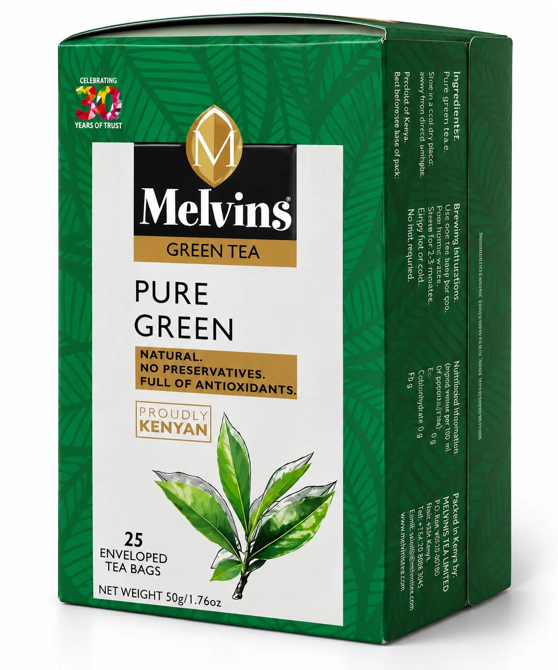 Melvins Pure Green Tea box shown from front and side angles with deep green leaf packaging, gold accents, Kenyan branding, tea leaf artwork and 25 enveloped bags, suitable for US shoppers seeking authentic Kenyan green tea, natural tea and convenient brewing. 