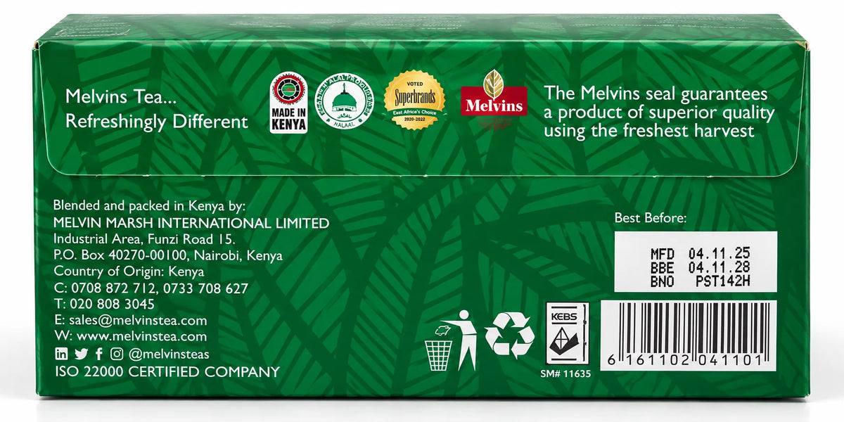 Premium Melvins Pure Green Tea back packaging showing Kenyan origin, manufacturer details, quality badges, best before panel, barcode, recycling symbols and certification marks, providing US shoppers with product information when buying authentic Kenyan green tea online from World Safari Shops.