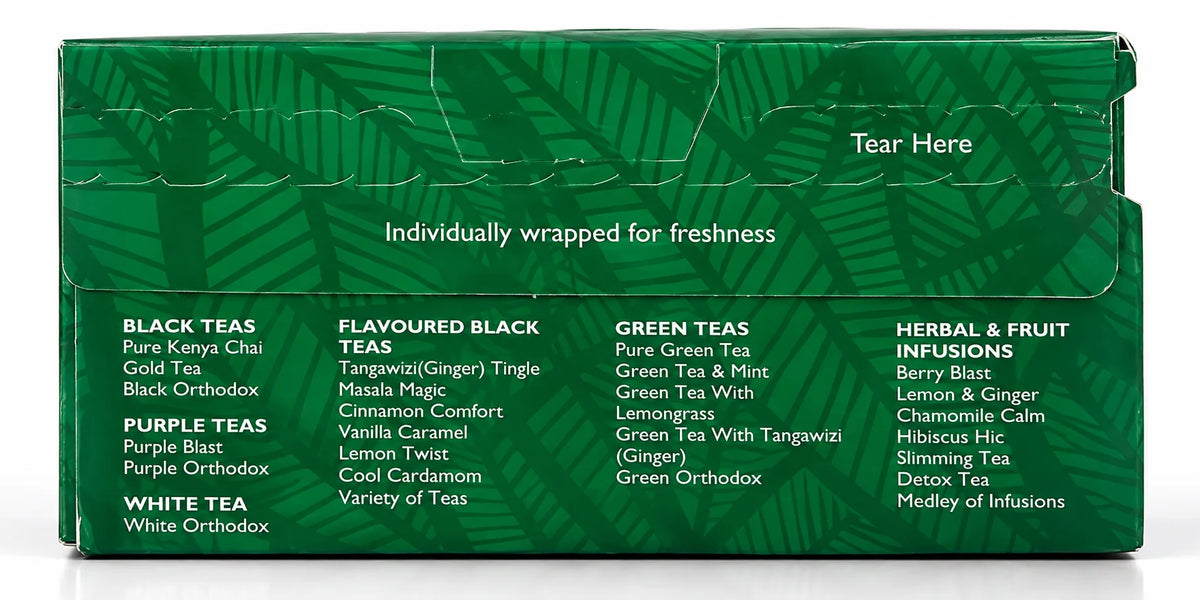 Melvins Pure Green Tea packaging panel displayed in a premium studio view with green leaf graphics, freshness messaging, tear-here opening, and listed Kenyan tea varieties, including black, flavored black, green, herbal, fruit, purple and white teas for US shoppers online.